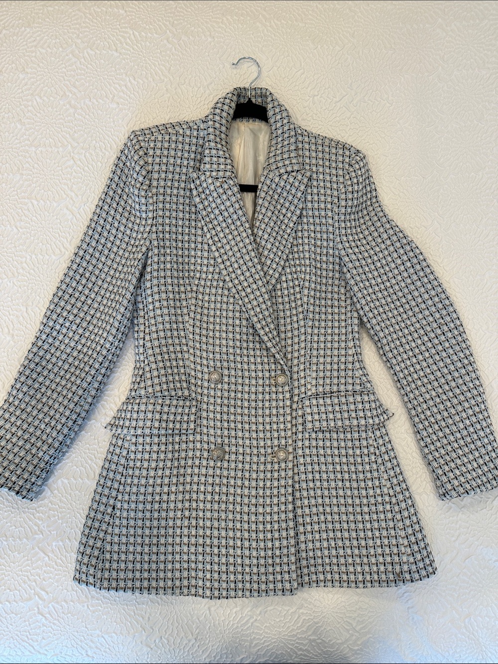 Zara Black & Cream Houndstooth Double-Breasted Blazer
